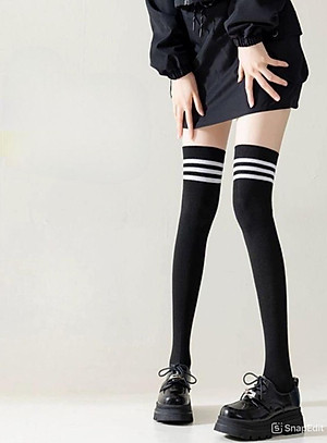 Tất Đùi Dày Dặn Qua Đầu Gối Dễ Thương Coplay Hàn Quốc Sọc Trắng Đen