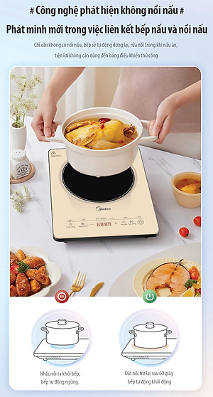 Bếp từ đơn Midea MIC 221 2200W mặt kính pha lê sang trọng, công nghệ từ trường 3D, mâm nhiệt lớn làm nóng trong 5s, cảm ứng hiện đại, có hẹn giờ, tự ngắt khi bỏ nồi, bảo vệ quá nhiệt (TẶNG NỒI LẨU) - Hàng chính hãng
