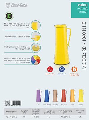 Phích pha trà giữ nhiệt cao cấp Rạng Đông, 1 lít, thân nhựa, vai nhựa, Model: RD-1040N1.E - Chính Hãng
