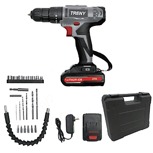 Bộ khoan điện cầm tay chất lượng cao Treny 21V chính hãng – kèm bộ dụng cụ 23 món và bộ sạc - lực xoắn 35N.m -  chuyên khoan tường, khoan gỗ, khoan sắt và khoan bê tông.