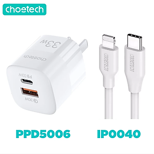 Adapter Củ Sạc 33W PPS/ PD 30W / QC 3.0 1 Cổng Type C 1 Cổng USB Nhỏ Gọn CHOETECH PD5006 Sạc Nhanh iPhone, iPad, Samsung - Hàng Chính Hãng