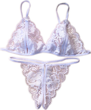 Áo con buộc dây + quần lọt khe sexsy xuyên thấu - Màu trắng