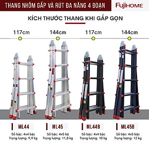 Thang nhôm gấp trượt đa năng FUJIHOME ML45, thang gấp 4 đoạn cao chữ A 2,5M, chữ I 5M, 5 kích thước sử dụng khóa chốt tự động - Hàng chính hãng