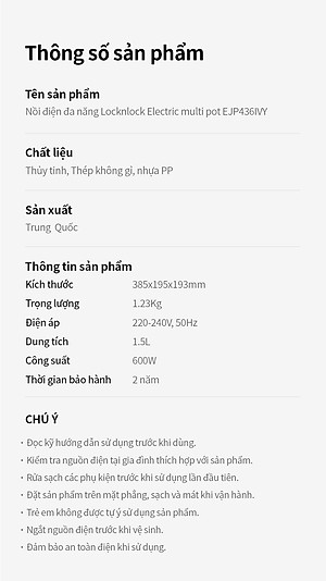 Nồi điện đa năng Locknlock Electric multi pot EJP436IVY 220V, 50Hz, 600W, 1.5L- Màu ngà - Hàng chính hãng