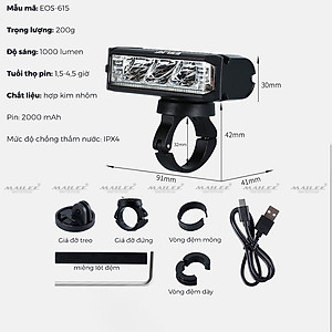 Đèn xe đạp chống nước UH-1000 3 bóng 1000 Lumens có led ban ngày, đèn trước xe đạp sạc USB Type-C, hợp kim nhôm (không kèm pad đỡ dài), đủ phụ kiện - Mai Lee