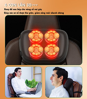 Nệm (đệm) massage ô tô cao cấp Nikio NK-150 - Con lăn 3D xoa bóp cổ vai gáy, kết hợp nhiệt nóng sưởi ấm lưng, cổ và rung toàn thân tạo cảm giác thư giản, túi khí nâng đỡ cột sống lưng