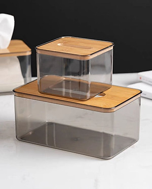 HỘP ĐỰNG GIẤY ĂN NHỰA MIKA TRONG SUỐT NẮP GỖ TRE PHONG CÁCH BẮC ÂU