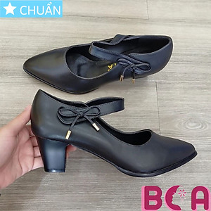 Giày cao gót nữ 5p RO330 ROSATA tại BCASHOP màu đen, mũi tròn, quai keo gai và có đính nơ nhã nhặn, thanh lịch