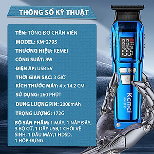 Tông đơ chấn viền Kemei KM-2795 lưỡi cắt mạ carbon DLC cao cấp công suất mạnh mẽ 8W sạc nhanh USB pin lâu - Chính hãng