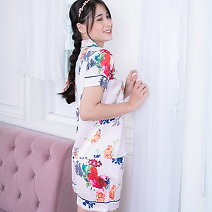 Bộ Pyjama nữ, đồ mặc nhà VILADY-B113 kiểu quần đùi tay cộc họa tiết Bông, chất liệu lụa Pháp cao cấp