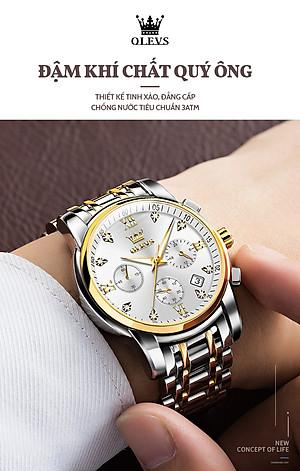 Đồng Hồ Nam OLEVS-2858 Mặt Tròn Mạ Vàng 18k Chống Nước Chạy Đủ 6 Kim Có Ô Lịch Ngày Khóa Bướm Có Hộp In Logo Chính Hãng