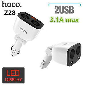 Bộ chia tẩu sạc dùng cho ô tô, xe hơi nhãn hiệu Hoco Z28 với 2 lỗ tẩu sạc kết hợp  2 cổng USB, Đầu vào: DC12 - 24V, Tổng đầu ra 2 cổng USB: DV5V/3.1A Max, Đầu ra 2 lỗ tẩu sạc: 80W Max.