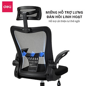 Ghế Xoay Văn Phòng Lưới Làm Việc Công Thái Học Deli - Tay Gập Thông Minh, Có Chỉnh Lưng, Lưới Thoáng Khí, Chân Xoay Tiện Ích, Đệm Ghế Êm Aí, Nhiều Màu - Phù Hợp Học Sinh, Văn Phòng, Game Thủ, Gaming - Hàng chính hãng