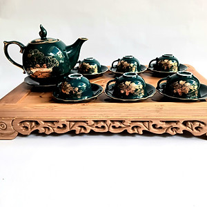 Bộ ấm chén Bát Tràng cao cấp phú quý Mallard màu xanh Arctic họa tiết hoa sen vẽ vàng 24k 