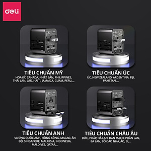 Ổ Cắm Chuyển Đổi Du Lịch Deli Sạc Nhanh 70W Củ Sạc Đa Năng DELI 4 Loại Chân Cắm Chuyển Đổi Dòng Điện