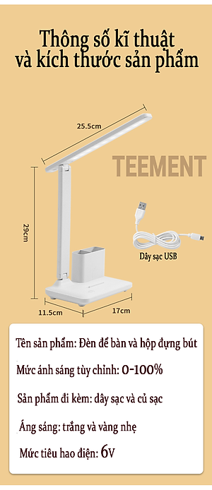  Đèn Bàn Học Đọc Sách Cao Cấp Teement Led Chống Cận 03 Chế Độ Ánh Sáng Vàng Bảo Vệ Mắt- Hàng Chính Hãng