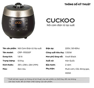 Nồi cơm điện tử áp suất Cuckoo 1.8 lít CRP-R1000F màu đen - lòng nồi chống dính cao cấp phủ Xwall Diamond -Sản xuất tại Hàn Quốc - bản Quốc Tế tiếng Anh - Hàng chính hãng Cuckoo Việt Nam