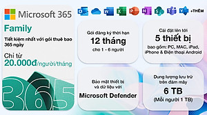 Phần mềm Microsoft 365 Family 6GQ-01896 / EP2-36878  | 12 tháng | Dành cho tối đa 6 người | 5 thiết bị/tài khoản| Word, Excel, PowerPoint | 1TB OneDrive