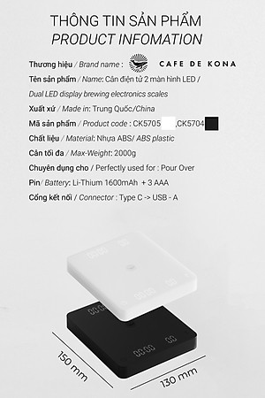 Cân điện tử GHOST 2 mặt cho pha chế cà phê đồ uống có đếm giờ CAFE DE KONA pin sạc