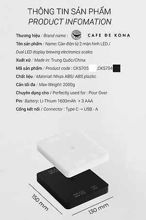 Cân điện tử GHOST 2 mặt cho pha chế cà phê đồ uống có đếm giờ CAFE DE KONA pin sạc