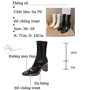 Giày Bốt Nữ Da Bóng Trắng Đen Ôm Chân Đẹp Gót 7 Phân Cổ cao Mũi Nhọn Không Có Khóa