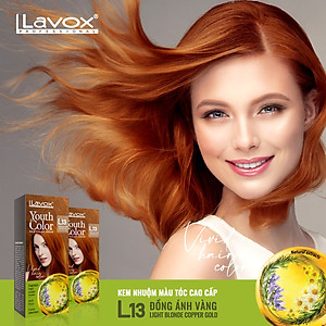 Đồng Ánh Vàng - Combo 2 Kem Nhuộm Tóc Màu Thời Trang Lavox Youth&Color L13 Đồng Ánh Vàng + L24 Nâng Tông Màu (Sử Dụng Màu L24 Để Nâng Tông Màu Tóc Trước Khi Nhuộm Màu L13 Đồng Ánh Vàng)