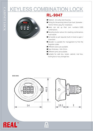 RL9047 Khóa tủ, khóa hòm thư mật mã REAL 3 codes dài 36.6mm dùng cho tủ dày dưới 30mm