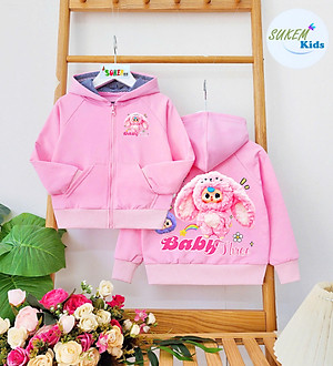 Áo khoác chống nắng có nón cho bé gái hình Labubu baby three từ 10-40kg chất da cá mịn mát