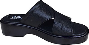 Dép quai ngang nam Trường Hải da bò cao cấp mềm mại không bong tróc màu đen đế PU siêu nhẹ cao 5cm QN0744