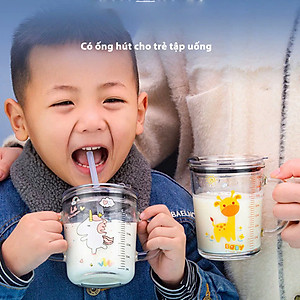 Ly Thuỷ Tinh Có Vạch Chia Ml / Cốc Thuỷ Tinh Chia Vạch Ml Lường nước Có Nắp Đậy Chống Tràn Kèm Ống Hút Cho Bé- Hàng chính hãng