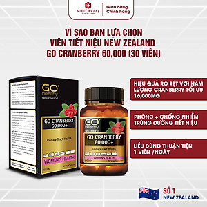 Viên uống viêm đường tiết niệu nhập khẩu chính hãng New Zealand GO CRANBERRY 60000+ (30 viên) hỗ trợ điều trị viêm đường tiết niệu, viêm phụ khoa, giảm tiểu buốt, tiểu dắt, tiểu đêm, khó đi tiểu