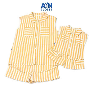 Bộ quần áo ngắn unisex Kẻ vàng trắng cổ sơ mi linen cotton - AICDBT0TKXQK - AIN Closet