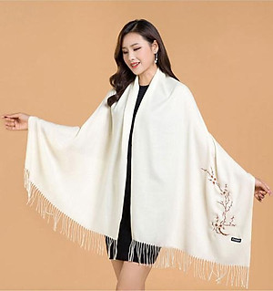 Khăn len quàng cổ nữ thêu hoa Cashmere chất len dệt mịn
