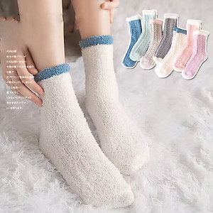 Combo 5 đôi Tất vớ cổ cao nữ len bông tất lông cừu giữ ấm chất bông xù