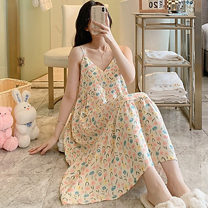 Váy 2 dây cho nữ mặc nhà vải lanh mềm mát, dáng xòe, nhiều họa tiết, freesize từ 45 đến 75 kg