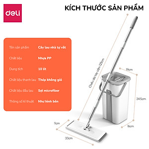 Cây lau nhà tự vắt có thùng 2 ngăn Deli, Bộ chổi lau nhà 360 độ kèm 3 bông lau microfiber siêu sạch