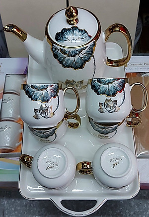 BỘ ẤM CHÉN KÈM KHAY SỨ PHA TRÀ CÀ PHÊ CAO CẤP HỌA TIẾT SEN ĐỔ - VD196