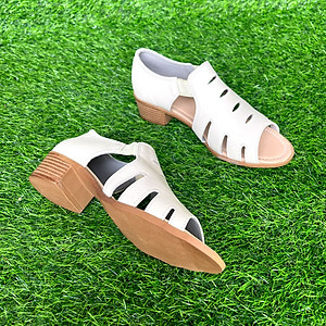 Giày sandal nữ gót vuông 4cm da bò hở mũi Trường Hải 2 màu đen, trắng SD145