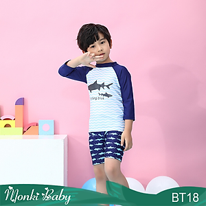 Bộ đồ bơi bé trai dài tay cá mập, vải bơi co giãn 4 chiều, có mũ bơi | BT18