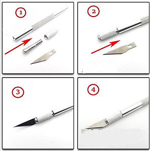 Dao trổ khắc giấy và gỗ mỏng với cán kim loại và hộp 06 lưỡi sơ cua đi kèm