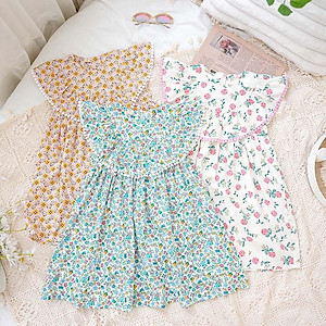 Váy đầm bé gái hè thu 1 lớp xinh mát hoa nhí đắp bèo viền ren hàng thiết kế MamLa