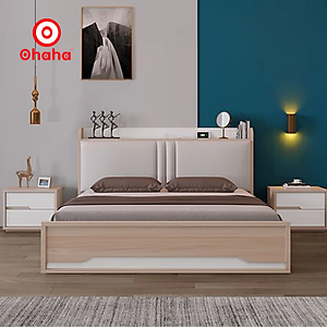 [Ảnh thực tế - Miễn phí lắp đặt & vận chuyển] Giường ngủ gỗ công nghiệp bọc nệm đầu giường có hộc kéo tiện lợi Ohaha - GN001