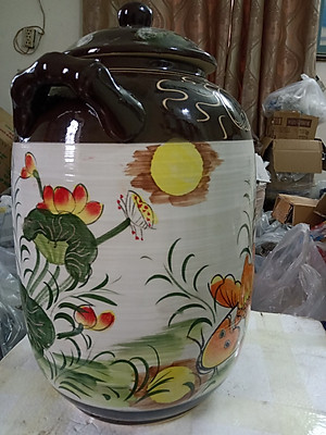 Hũ đựng rượu gạo gốm sứ Bát Tràng vẽ sen cá vàng loại 15L