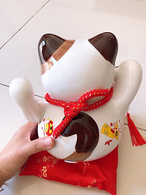 Tượng Mèo Thần Tài Ngũ phúc lâm môn vẫy tay chiêu tài lộc 20cm bằng gốm sứ - mẫu giao ngẫu nhiên