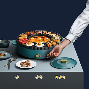 Bếp Lẩu Nướng Đa Năng 2 Trong 1, Lẩu Nướng Tròn Xanh 2 Nút Bật Tắt Riêng Biệt - Hàng Chính Hãng