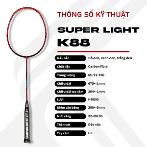 Vợt Cầu Lông Kuno Super Light K88, 6U Thân Dẻo, Công Thủ Toàn, Căng Sẵn 10kg