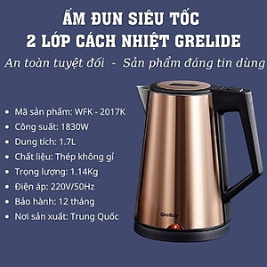 Ấm đun siêu tốc 2 lớp cách nhiệt Grelide D2017k ( 1.7L) hàng chính hãng- thân bình bằng thép không gỉ, lòng ruột đúc inox nguyên khối. 