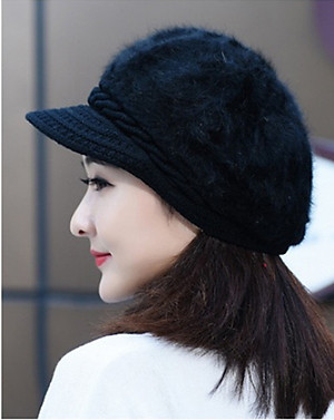 Nón len nữ, mũ len nữ lông xù mũi kết A060