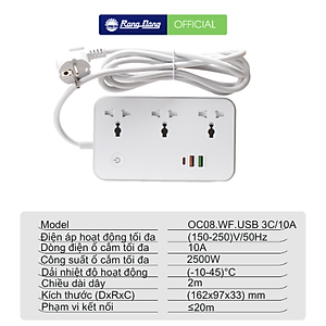 Ổ cắm thông minh Wifi Rạng Đông Model: OC08.WF.USB 3C/10A kết nối không dây, điều khiển được từng chân cắm, hẹn giờ, cài kịch bản