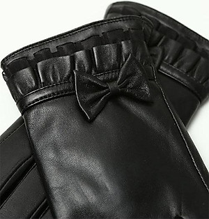 Găng tay nữ da cừu phối nơ nữ tính - BHY8714 Bao tay nữ mùa đông, lót lông, giữ ấm, cản gió, chống nước, cảm ứng điện thoại.